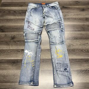 Bleecker & Mercer Mens Jeans 32x32 Slim Fit Graffiti Distressed Stretch Denim